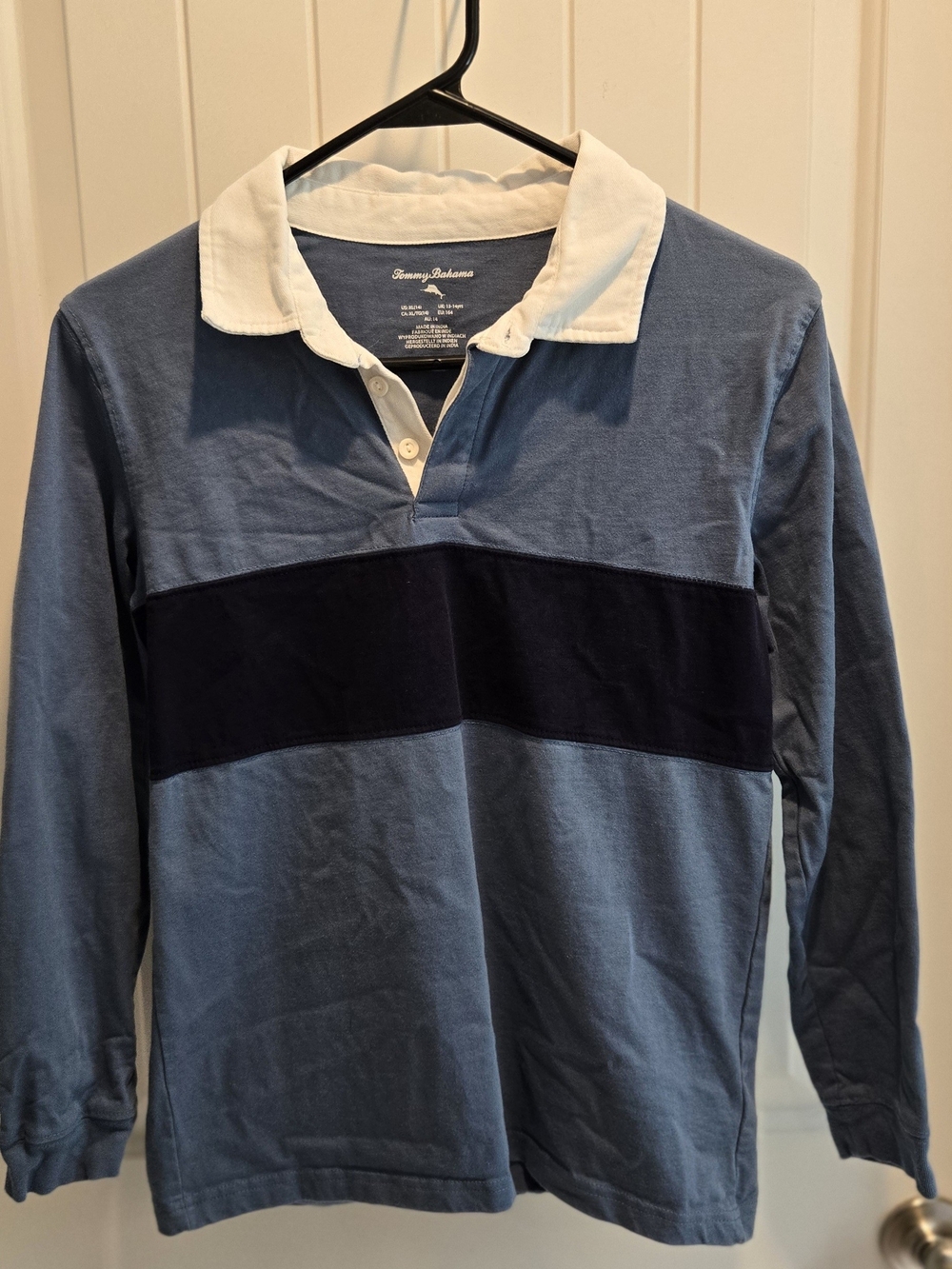 Tommy Bahama Blue Rugby Shirt with Navy Stripe and White Collar